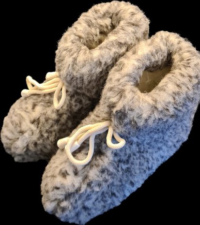 Sheepsjop® Wollen sloffen - 100% schapenwol, Zeemleren zool, Grijs gevlekt