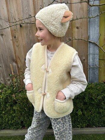 Sheepsjop bodywarmer Wollie 100% wol (houtje touwtje knoop) LILA OF ECRU